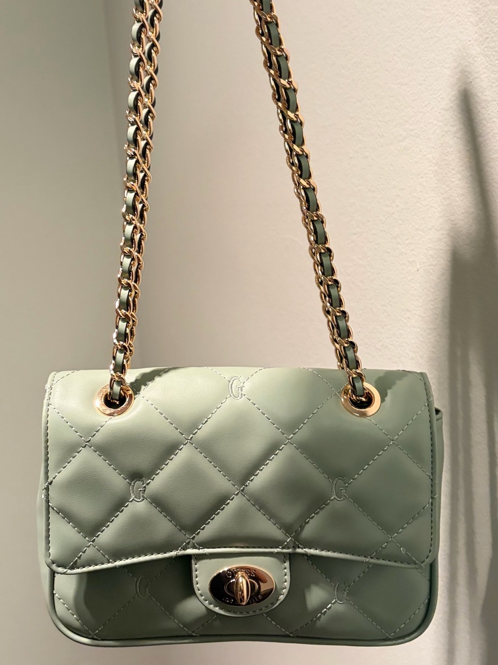 Guess Shoulder Bag with Mint Trim and Beige Logo Print